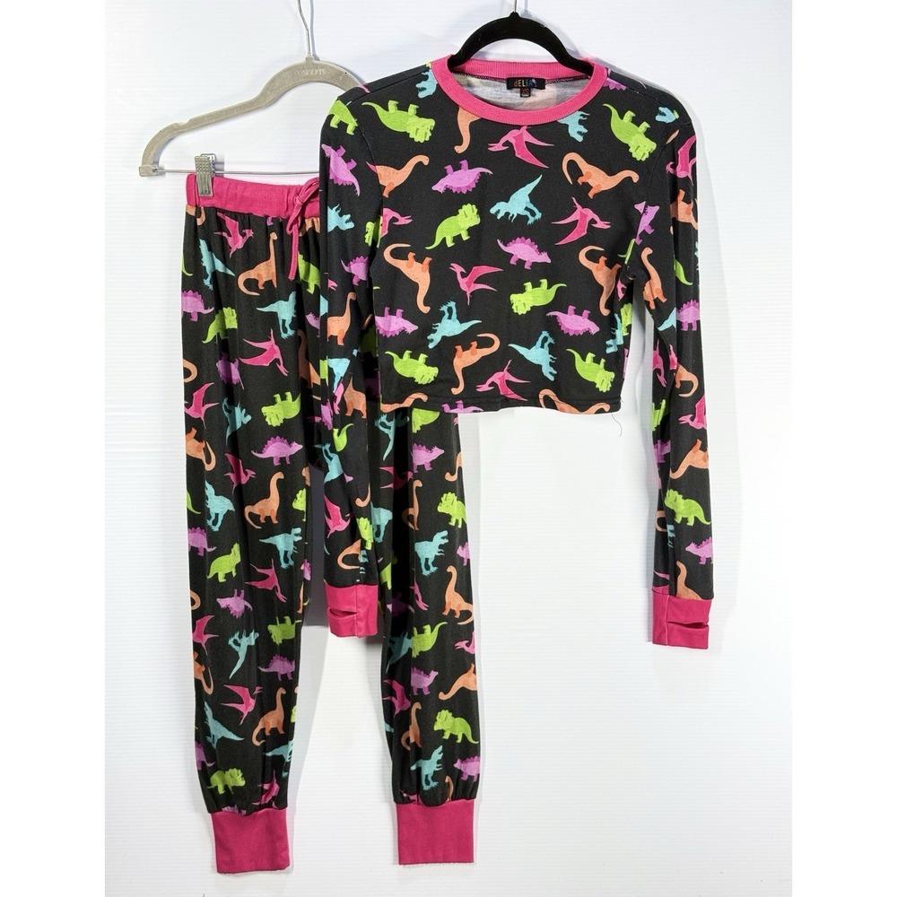 dELiA*s Black/Colorful Dinosaurs Pajama Set Size XS Long Sleeve Crop Top Joggers